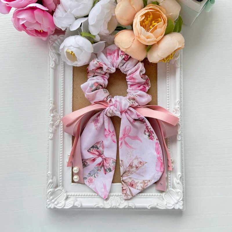 コットンロングテールリボンシュシュ - ピンク系ふんわりリボン - ヘアアクセサリー - その他の素材 ピンク