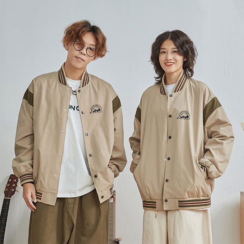 日系棒球服 情侶印寬松飛行夾克衫工裝休閑外套 - 男夾克/外套 - 棉．麻 卡其色