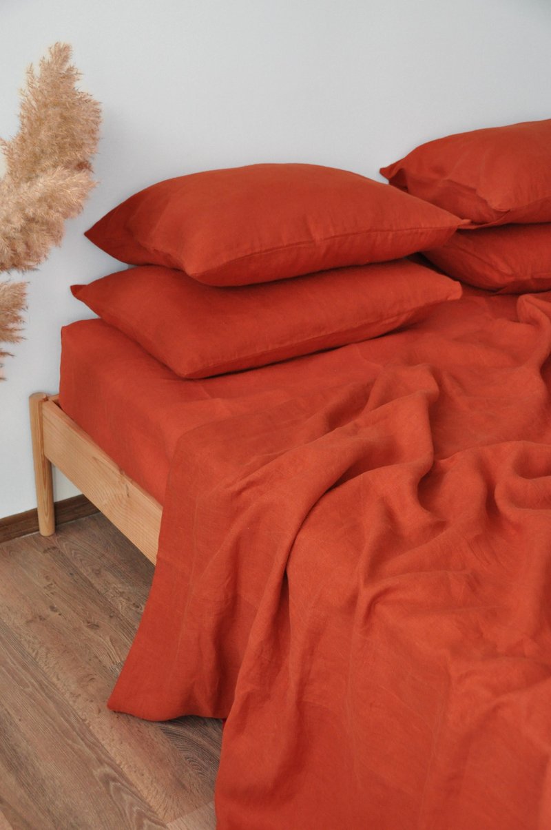 Terracotta linen sheet set / Flat+fitted sheet+2 pillowcases / Orange bedding - 寢具/床包 - 亞麻 橘色