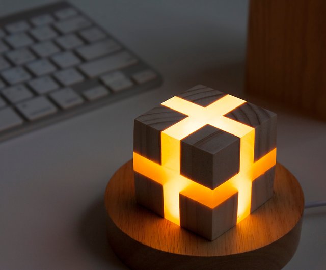 Light Cross Shaped Table Lamp, Wooden Cube Desk Lamp