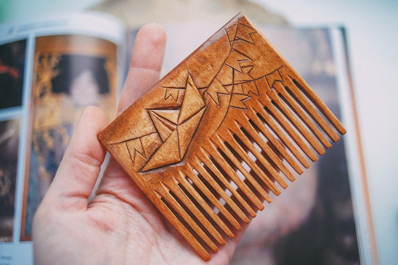 Wooden comb origami boat for kids or woman, hair accessories, pocket comb - Hair Accessories - Wood Orange