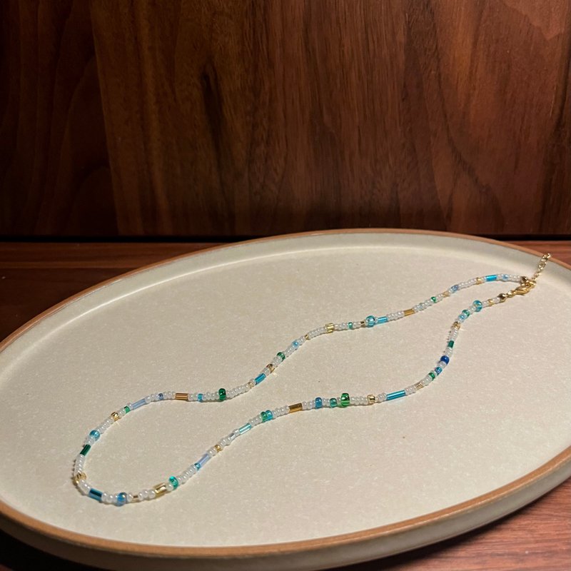 Teal Japanese rice bead necklace beaded necklace - สร้อยคอ - วัสดุอื่นๆ สีน้ำเงิน