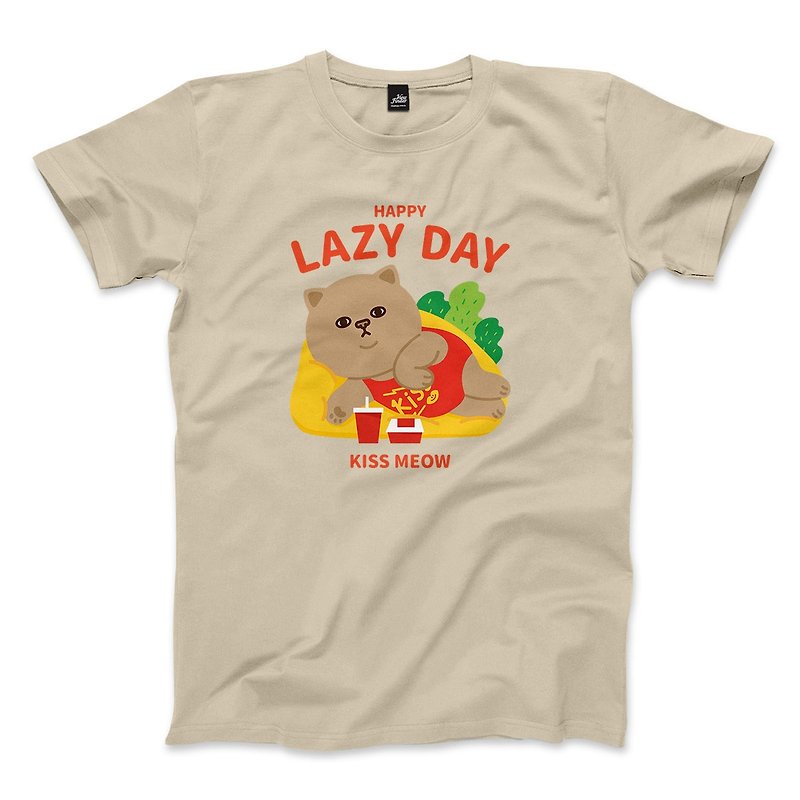 Happy Lazy Day - 卡其 - 中性版T恤 - 男 T 恤 - 棉．麻 卡其色