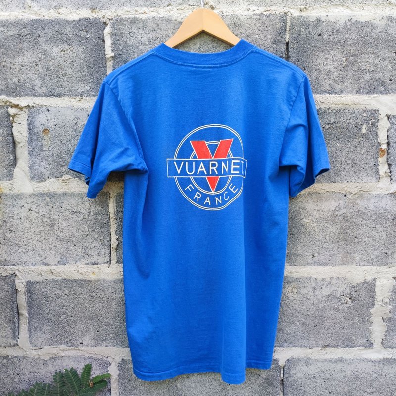 Vintage 90s Vuarnet France Eyewear Blue Single Stitch T-Shirt - เสื้อยืดผู้ชาย - ผ้าฝ้าย/ผ้าลินิน สีน้ำเงิน