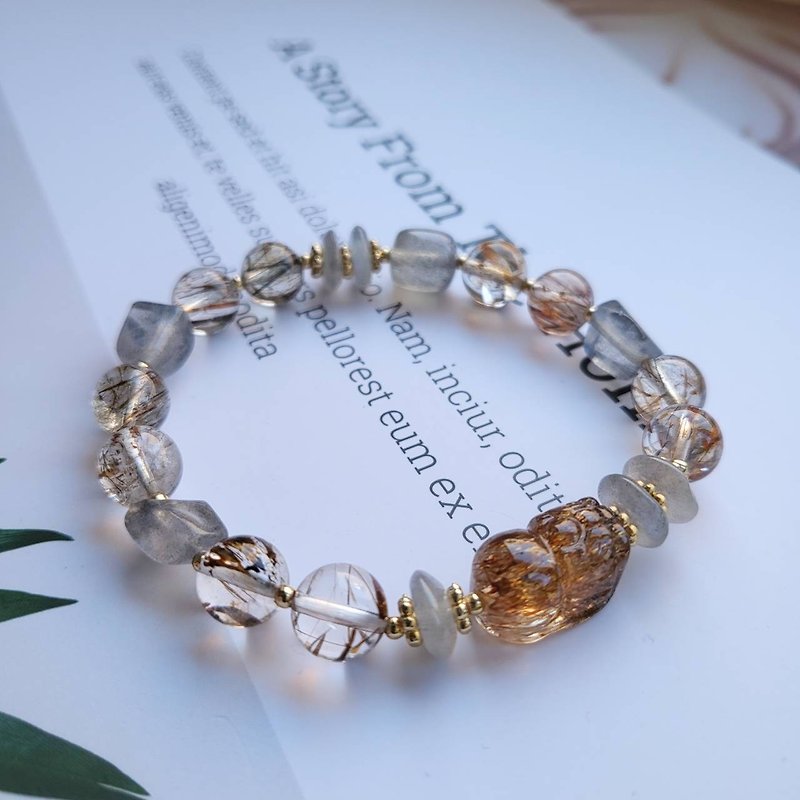 Lucky beast/Pixiu ~ Lucky noble peach blossom/Black gold super seven Pixiu labradorite bracelet - สร้อยข้อมือ - คริสตัล 