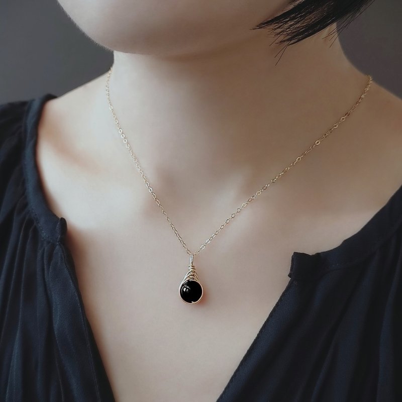 黑瑪瑙 Herringbone 編織墜 14Kgf 包金項鍊 |  有銀色款 - 項鍊 - 半寶石 黑色