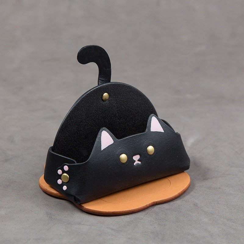 Business card holder mobile phone holder (wide-black cat) - Folders & Binders - Genuine Leather Black