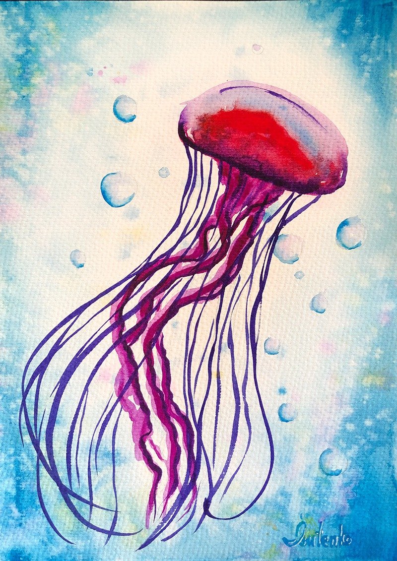Jellyfish Painting Marine Animal Original Art Fish Artwork Seascape Wall Art - 海報/掛畫/掛布 - 紙 藍色
