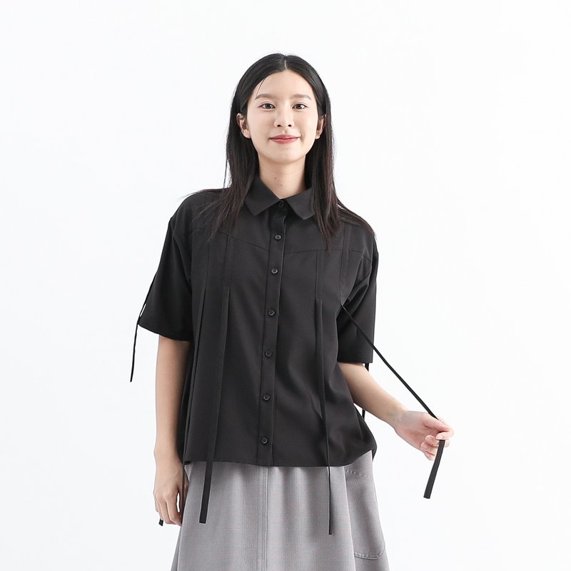 Myth_神話條帶襯衫_25SF003_黑 - 女襯衫 - 聚酯纖維 黑色