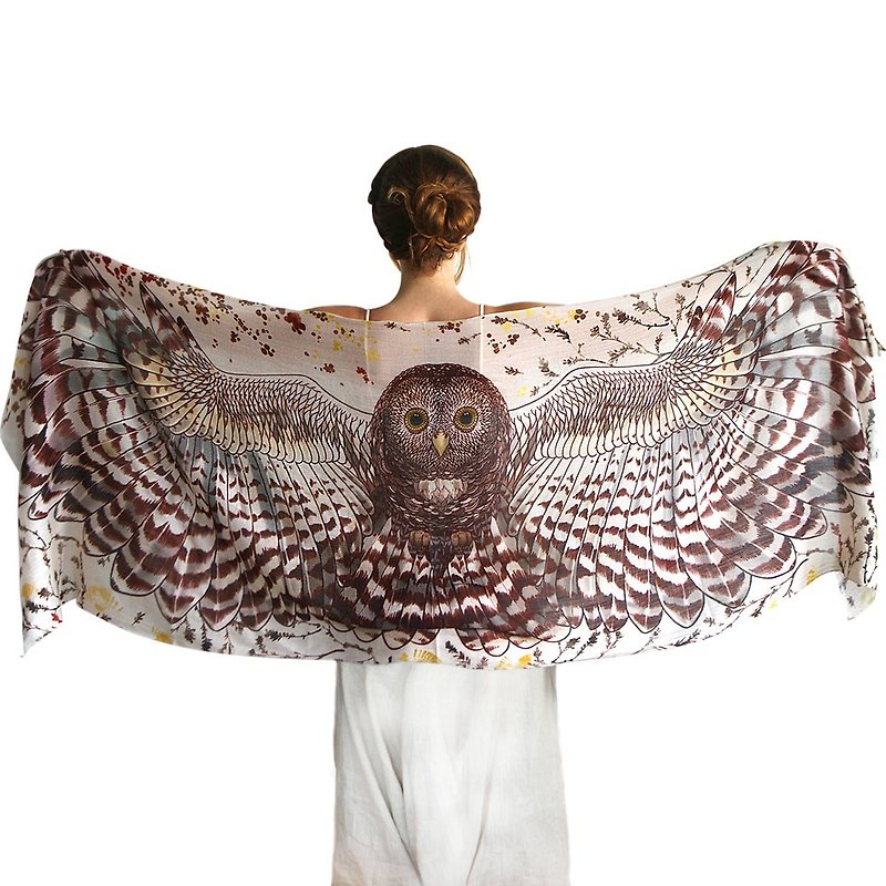 Day Owl Scarf - cotton - ผ้าพันคอ - ผ้าฝ้าย/ผ้าลินิน ขาว