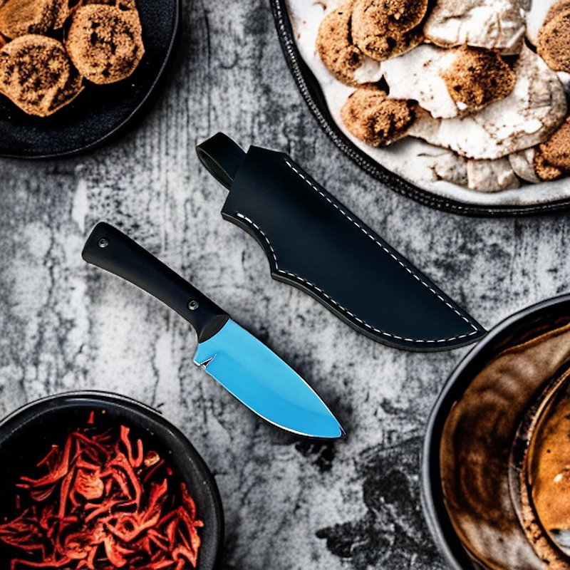 Hunting knife with leather sheath 4 mm, skinning knife, handmade , camping knife - มีด - โลหะ สีดำ