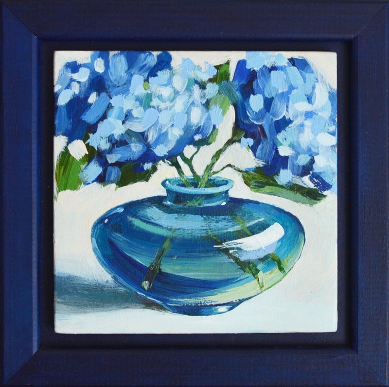 Blue Hydrangea Original Oil Painting 5'x5' Floral Still Life Hortensia Framed - Illustration, Painting & Calligraphy - Other Materials Blue