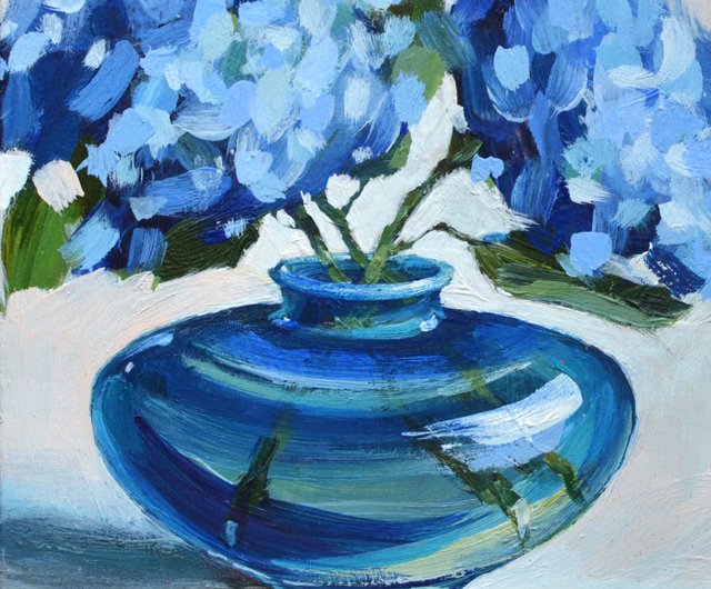 青いアジサイ オリジナル油絵 13x13cm 花の静物画 オルテンシア