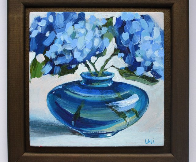 青いアジサイ オリジナル油絵 13x13cm 花の静物画 オルテンシア