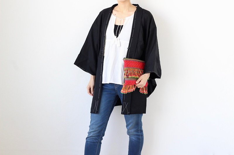 Octagon motif kimono, black haori, Japanese kimono, versatile jacket /3204 - Women's Casual & Functional Jackets - Silk Black