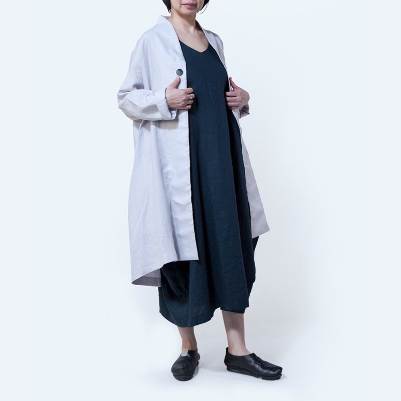 立領罩衫 - 亞麻 長版 立領 外套 / 銀灰色 - 女大衣/外套 - 棉．麻 多色