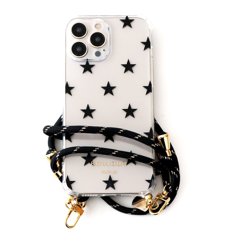 iPhone15/14/13/12 巴黎透明星星黑金棉繩手機殼 - 手機殼/手機套 - 塑膠 黑色