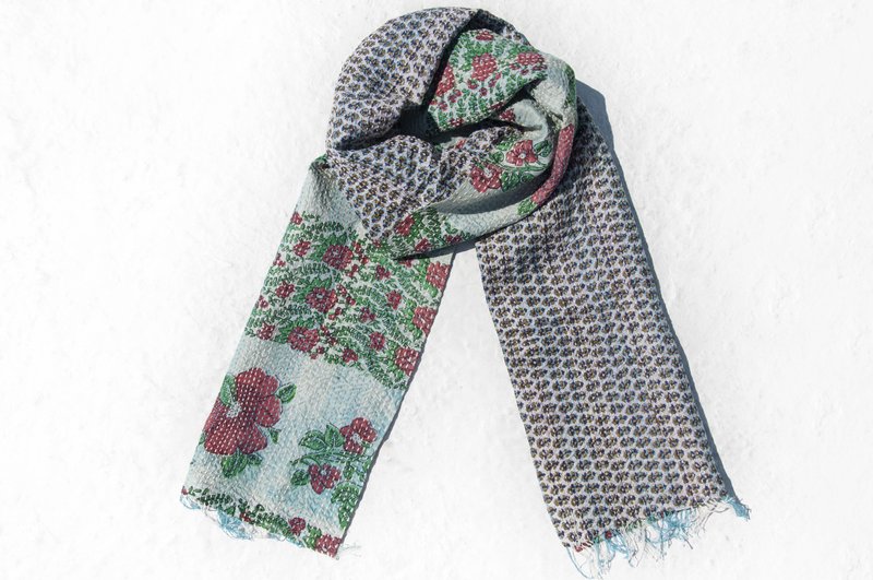 Embroidered silk scarf/silk embroidered scarf/hand-sewn sari silk scarf/indian silk embroidered scarf-green red flower - Knit Scarves & Wraps - Silk Multicolor