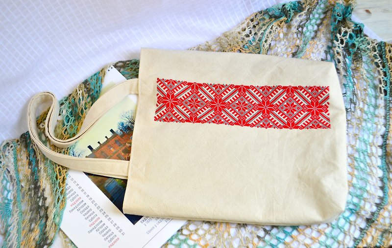 Beige Cotton Shoulder Shopper Bag with Hand-embroidered Ornament Medium Tote Bag - 手提包/手提袋 - 棉．麻 多色