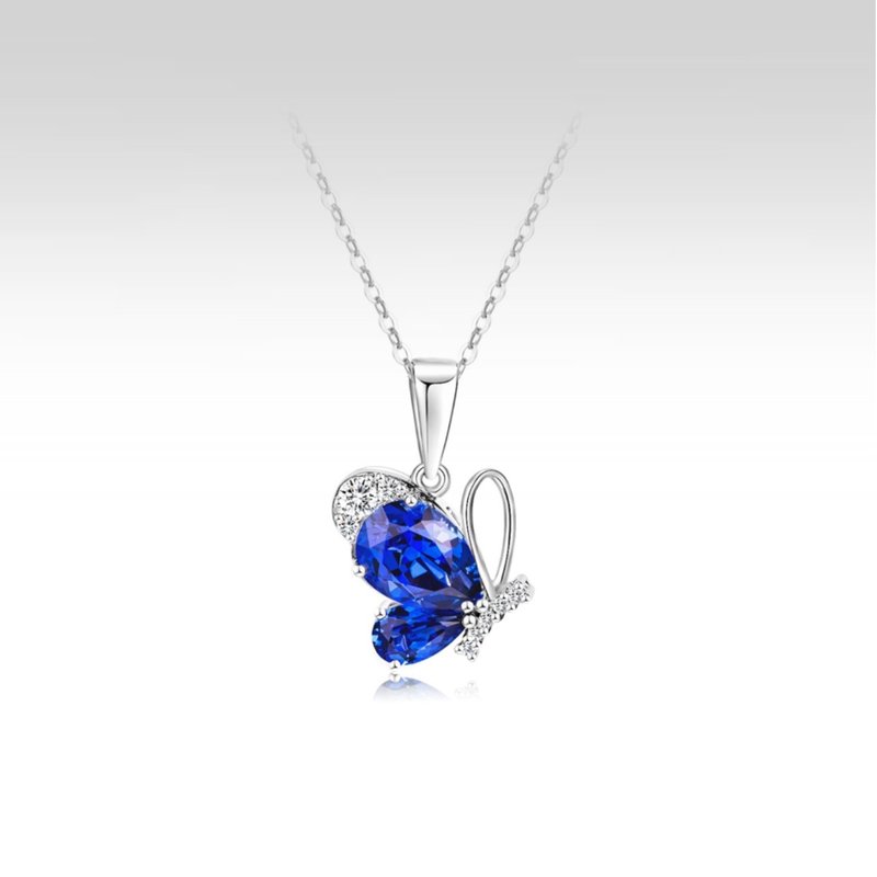 18K Gold Cultured Sapphire Butterfly Necklace  送禮 轉珠耳環 - สร้อยคอ - วัสดุอื่นๆ สีน้ำเงิน