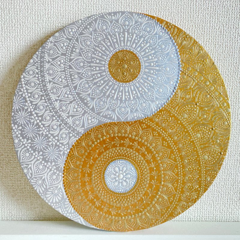 オーダーメイド　陰陽太極図　ゴールド　シルバー　ドットマンダラ　直径20cm - 海報/掛畫/掛布 - 棉．麻 金色