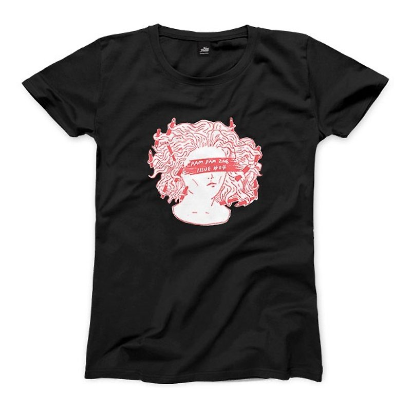 Pencil tusa - pink - black - female version of T-shirt - Women's T-Shirts - Cotton & Hemp Black