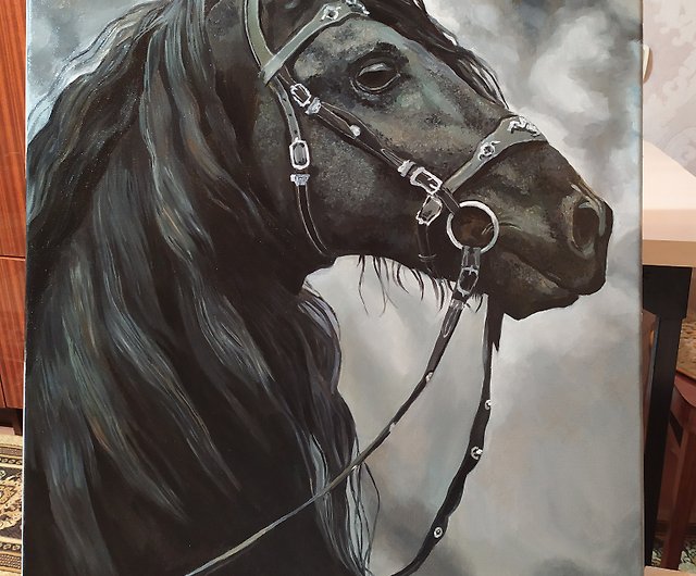 馬の絵 馬のキャンバス 馬の装飾 オリジナルの黒い馬の油絵 ガルによる
