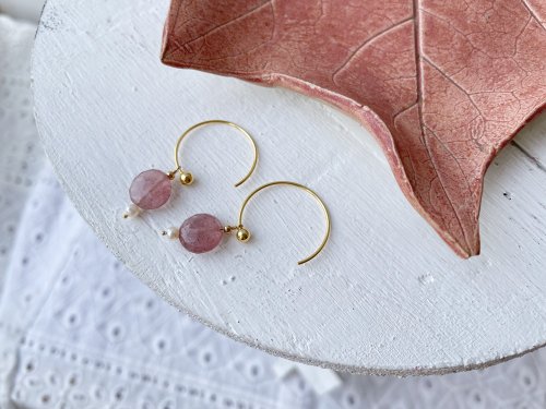 68 Jewellery｜純銀。天然石。輕珠寶 //草莓晶珍珠耳環// 純銀鍍金 天然石水晶手作
