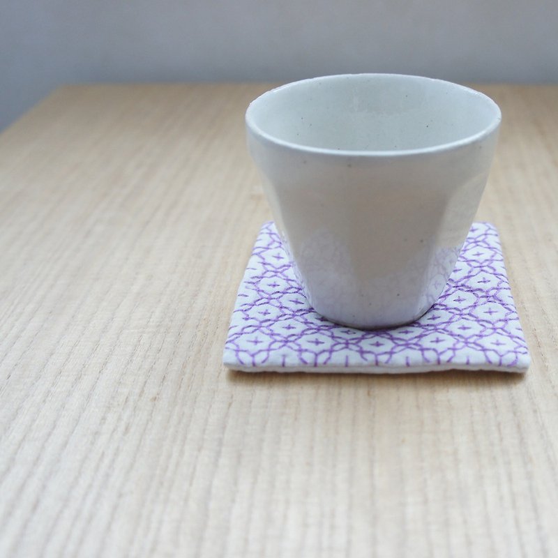 Handmade coaster SASHIKO purple SC1 - Coasters - Other Materials White