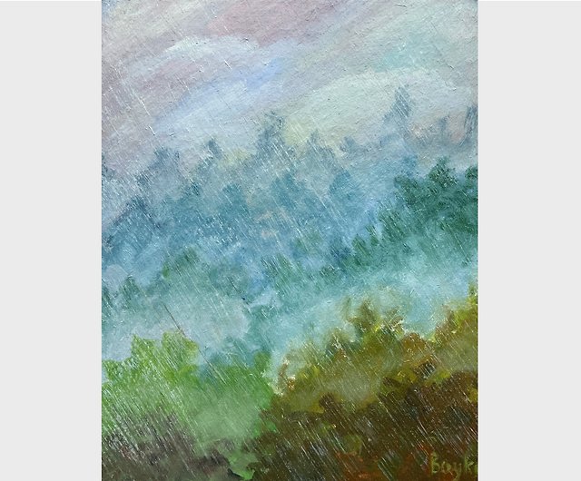 森の風景油絵雨の秋の雨霧の天気トランダーストーム霧 - ショップ