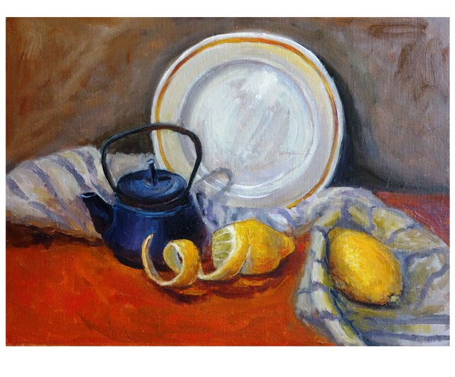 肉筆油絵 静物画 パンジーとレモン 絵画