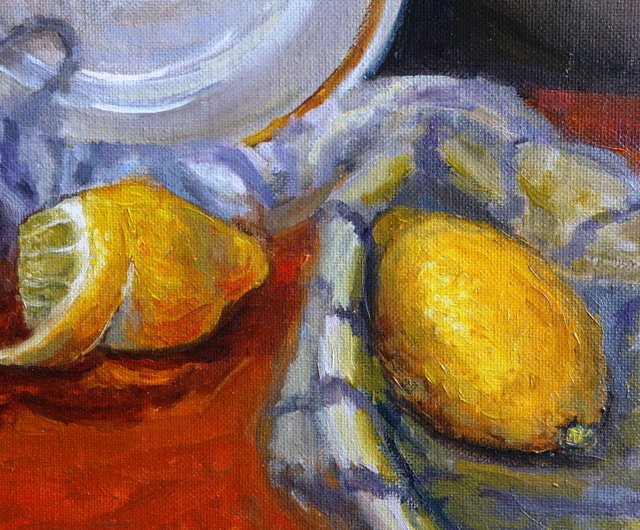 肉筆油絵 静物画 パンジーとレモン 絵画