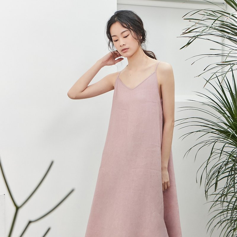 Pure Linen Sling One-piece Dress [CONTRAST Karuo Shi] - One Piece Dresses - Cotton & Hemp Pink