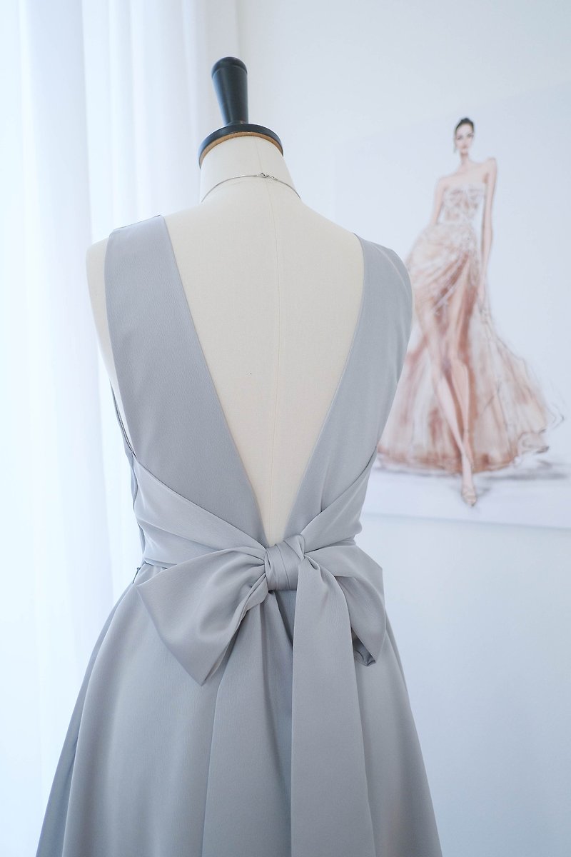 Silver gray satin backless bridesmaid dress Short party wedding cocktail dress - One Piece Dresses - Polyester Gray