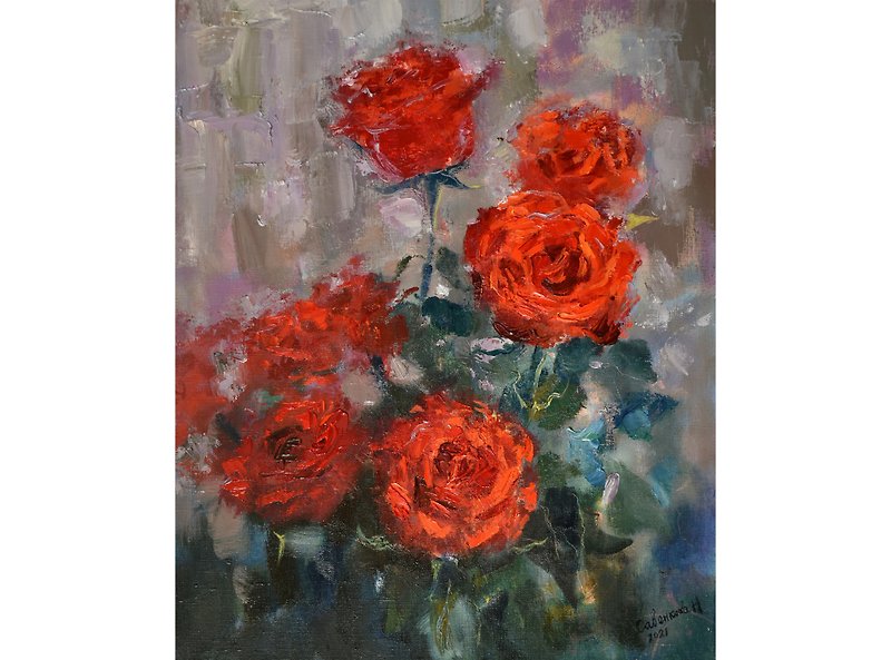 Roses Painting Red Flowers Artwork Floral Canvas Original Art Impressionism 油畫原作