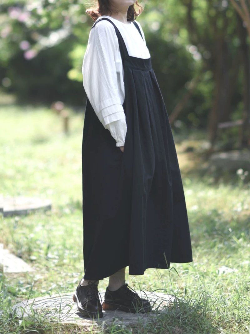 [Mori Zhihai] Work suspender skirt (pre-order) - One Piece Dresses - Cotton & Hemp Black