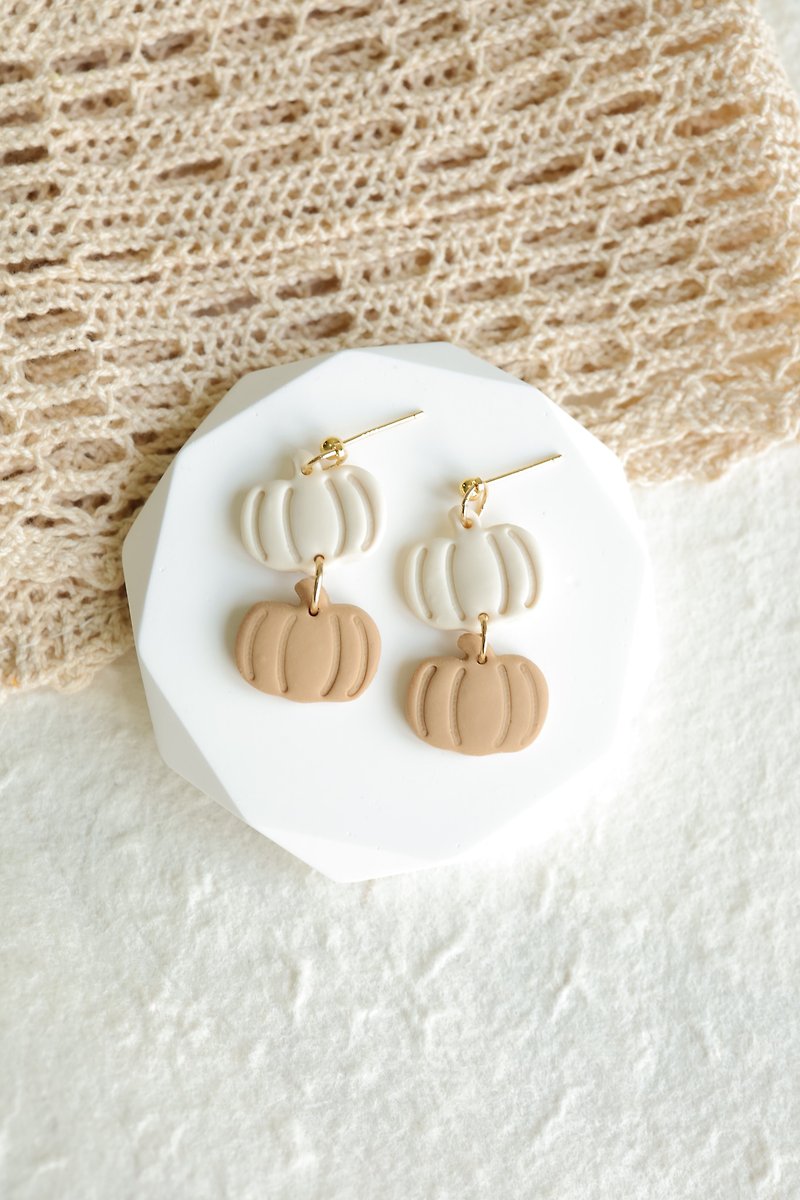 [Handmade Soft Pottery] Halloween Pumpkin Earrings Clip-On - Earrings & Clip-ons - Pottery Orange