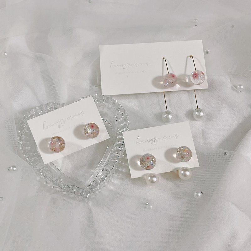 櫻花球珍珠耳環 樹脂 滴膠 - 耳環/耳夾 - 樹脂 
