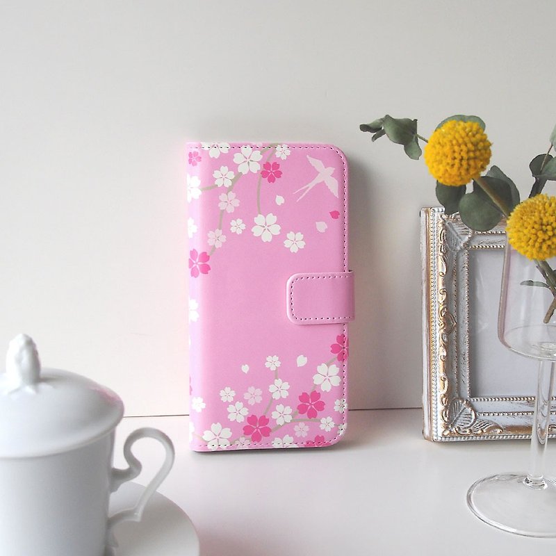 Notebook type phone case - Japanese Cherry Blossoms and Swallow - - Phone Cases - Faux Leather Pink