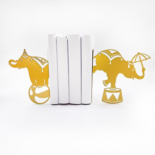 Design Atelier Article Metal Bookends Circus Elephants. Elephant Shelf Decor for Modern Home.