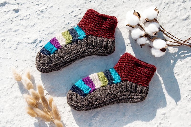 Hand-knitted pure wool knit socks/inner brushed striped socks/wool crocheted socks/warm wool socks-rainbow stripes - ถุงเท้า - ขนแกะ หลากหลายสี