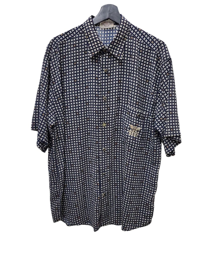 Armani jeans 義大利製 雪紡絲質感 刺繡 幾何圖騰 短襯 L號 近全 - 男襯衫/休閒襯衫 - 棉．麻 藍色