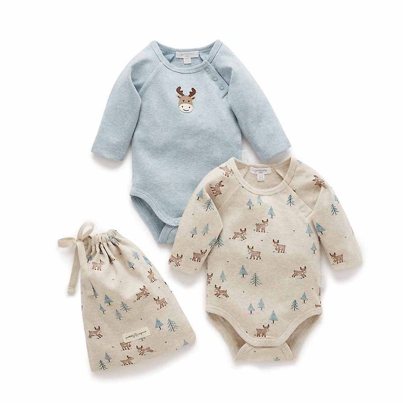 澳洲Purebaby有機棉嬰兒包屁衣/新生兒 連身衣 馴鹿2件組 - 嬰兒連身衣/包被/包巾 - 棉．麻 