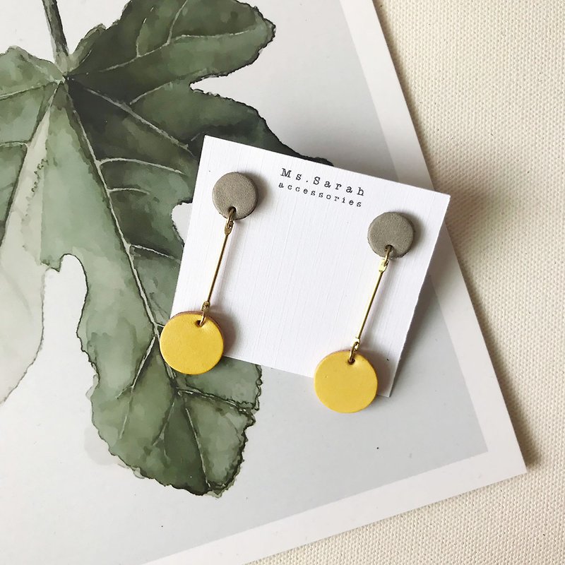 Leather earrings _ dangle round _ gray and white with warm yellow (can be changed to clip) - Earrings & Clip-ons - Genuine Leather Yellow