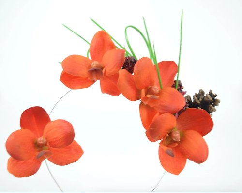 Elle Santos Flower Crown Boho Bridal Headband Modern Silk Flower Orchids in Bright Orange