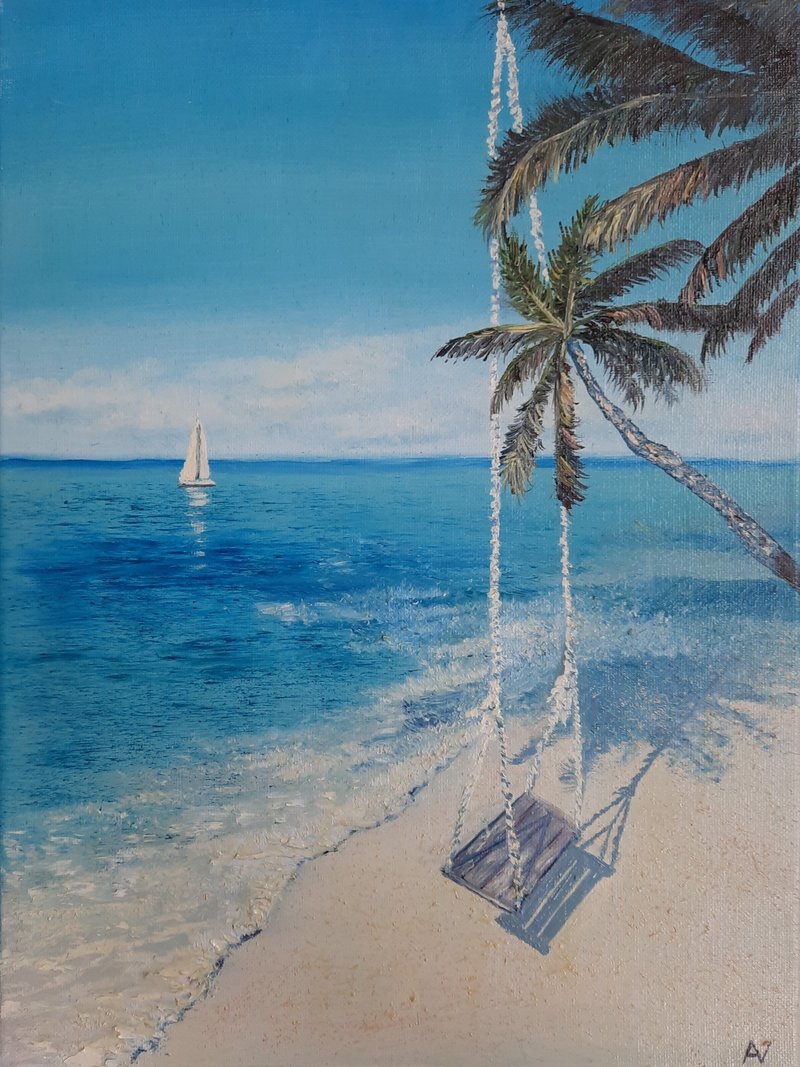 Tropical paradise oil painting, exotic island artwork, ocean handmade wall art - ตกแต่งผนัง - วัสดุอีโค สีน้ำเงิน