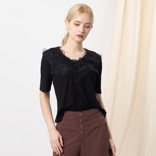 MEDUSA LADY 【MEDUSA】藝術蕾絲小圓釦嫘縈上衣(M-XL) | 女休閒上衣 蕾絲上衣