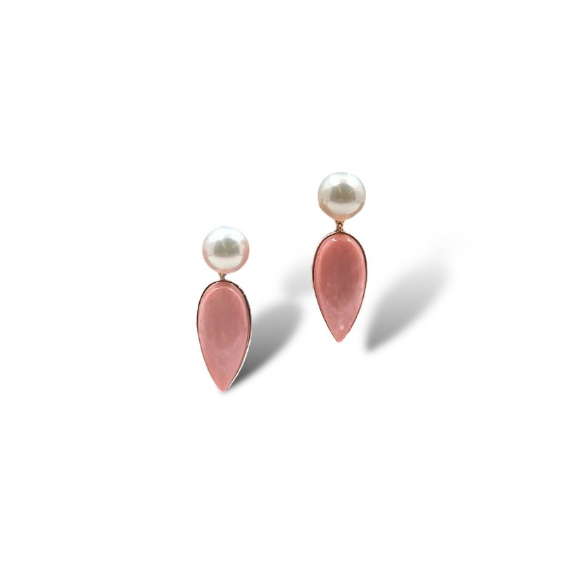 Australian Pink Opal and Akoya Pearl 14K Solid Gold Earrings - ต่างหู - ไข่มุก สึชมพู