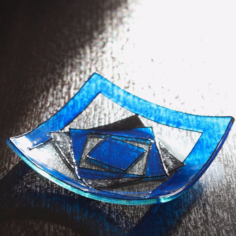 Modern Sapphire Blue Onyx Black Geometric Painted Art Glass Dish - อื่นๆ - กระดาษ สีน้ำเงิน