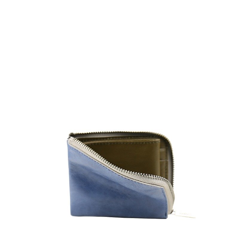 HANDOS color leather short clip - Blue x Green Lake - กระเป๋าใส่เหรียญ - หนังแท้ สีน้ำเงิน